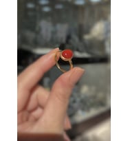 Gümüş 10x8 mm akik doğal taşlı altın kaplama yüzük (Sarı)