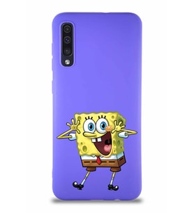 Samsung Galaxy A50 Soft Premier Kapak Sünger Bob Tasarımlı Silikon Kılıf - Mor (Şeffaf)