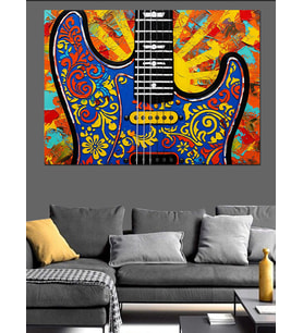 Çiçek Desenli Mavi Gitar Dekoratif Kanvas - Mdf Ahşap Tablo