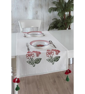 Buldan Keteni Çiçek Taş Baskılı Ponponlu Runner (Natural)