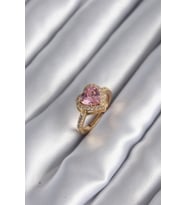 Pirinç Gold Renk Pembe Zirkon Taşlı Charm Kalp Model Kadın Yüzük TJ-BYK2951