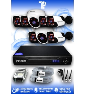 PICAM 8 Kameralı Panda 2 İç Kamera Set HDD'siz Full HD Gece Görüşlü Güvenlik Kamerası Sistemi