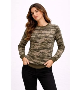 Kamuflaj Desenli 2 İplik 4 Mevsim Uzun Kollu Bisiklet Yaka Sweatshirt - Kamuflaj