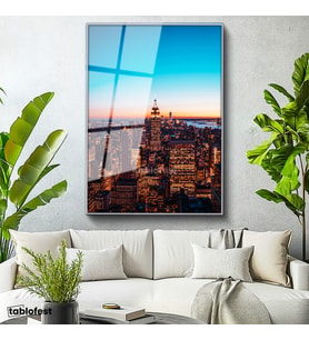 Gümüş Renk Metal Çerçeveli Tamperli Cam Tablo New York Empire State Gece Manzarası Şehir Mimari Tablo Duvar Dekoru