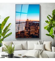 Gümüş Renk Metal Çerçeveli Tamperli Cam Tablo New York Empire State Gece Manzarası Şehir Mimari Tablo Duvar Dekoru