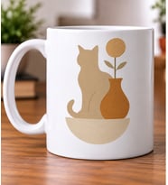 Minimalist Vazolu Çiçekli Kedi Desenli Kedi Severlere Hediye Porselen Kupa Bardak