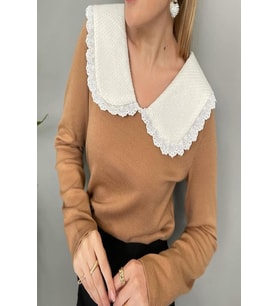 Lissa Kadın Tasarım Vintage Bebe Yaka Triko Kazak (Camel)