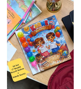 Karne Hediyesi 10 Set Renkli Keçeli Kalem ve Tebrik Kartı