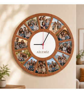 Kişiye Özel 12 Fotoğraflı Bebek Ilk Yaş Duvar Saati 34 cm – Aylık Gelişim ve 1 Yaş Hatırası