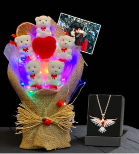 Premium Set - Size Özel Fotoğraflı Led Işıklı Buket ve Renkli Zümrüdü Anka Kuşu Kolyesi (Model 2)