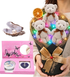 Renkli LED Işıklı Büyük Boy Gri Peluş Ayıcık Buketi ve Gerçek İstiridye İçinde İnci Kolye Hediye Seti