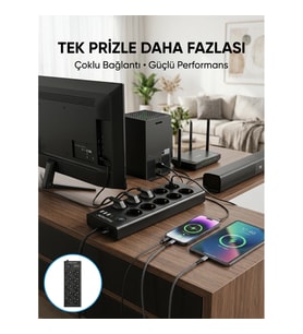 Mey İthalat® 10 Prizli USB Destekli Çoklu Priz Type-C Şarj Girişli Güvenli Güç Ünitesi