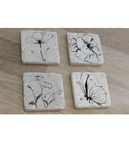 Line Art Çiçek ve Kelebek Doğal Taş Bardak Altlığı 4'lü set - Natural Stone Coasters