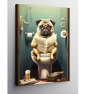 Kanvas Tablo Tuvaletteki Gazete Okuyan Pug Köpek
