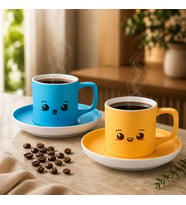 BK Gift 2'li Turkuaz ve Sarı Renkli Emoji Yüz Tasarımlı Seramik Türk Kahvesi Fincanı Takımı-5
