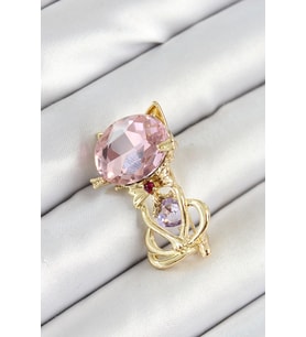 Pembe Zirkon Taşlı Kap Detaylı Kedi Figürlü Gold Renk Kadın Broş TJ-BR447