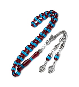 Erkek 7x11mm Bordo Mavi Sürmeli Kokulu Toz Kehribar Tesbih (Çok Renkli)