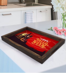 BK Gift Happy Halloween Tasarımlı Doğal Ahşap Tepsi-5