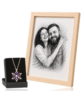 Kişiye Özel Karakalem Fotoğraflı Ahşap Çerçeve ve Gerçek Ametist Taşlı Lotus Kolye Hediye Seti