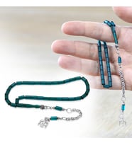 Ateş Kehribar Tesbih - Metal Püsküllü - Mini Boy - Kesme Kesim - Turkuaz Renk