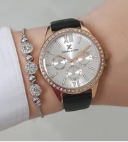 Yeni Model Siyah Deri Kayışlı Kadın Kol Saati + Zirkon Taşlı Bileklik (Rose-Siyah)