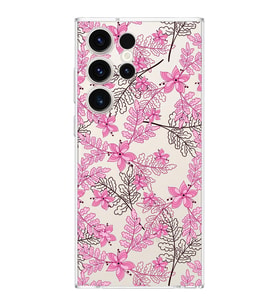 Samsung Galaxy S23 Ultra  Kamera korumalı Kapak Floral Pembe Tasarımlı  Şeffaf Kılıf