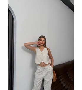?Yeni Sezon  & New Season ?    Summer Collection Keten Kumaş Gold Düğmeli Yelek  /Pantolon Takım (Krem)