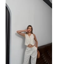 ?Yeni Sezon  & New Season ?    Summer Collection Keten Kumaş Gold Düğmeli Yelek  /Pantolon Takım (Krem)