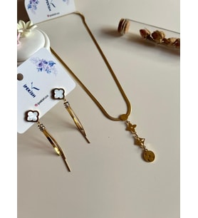 İpekish  Gold Renk İtalyan Zincir, Sallantılı Kolye & Beyaz Van Cleef Gold Zirkon Küpe Seti – Paslanmaz Çelik (Gold 2)