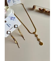 İpekish  Gold Renk İtalyan Zincir, Sallantılı Kolye & Beyaz Van Cleef Gold Zirkon Küpe Seti – Paslanmaz Çelik (Gold 2)