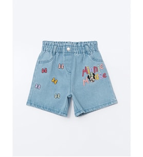 LCW Kids Mavi Beli Lastikli Minnie Mouse Nakışlı Kız Çocuk Jean Şort