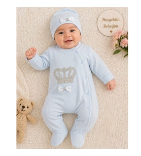 Erkek Bebek taşlı tulum 2li set. Tulum + Şapka. Prens model