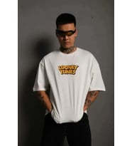 Unisex Bisiklet Yaka Baskılı Oversize T-Shirt - Beyaz