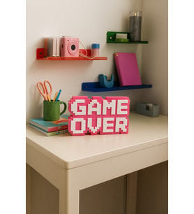 Retro Game Over Kabartmalı Dekoratif Obje - Pembe Masaüstü ve Duvar Süsü Hediye