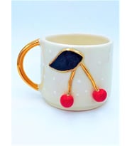 Kiraz Kabartmalı Mug, 24 Ayar Gerçek Altın Dekorlu, El Yapımı, Hediyelik Mug, 270 Ml