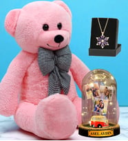 Büyük Boy Pembe Peluş Ayıcık, Kişiye Özel Fanus ve Gerçek Ametist Taşlı Lotus Kolye - Premium Set (Model 6)