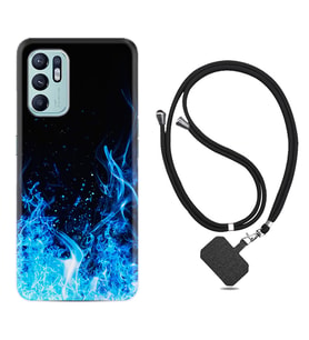 Oppo Reno 6 Kılıf Silikon Boyun Askılı İpli Desenli Silikon Blue Fire 1678