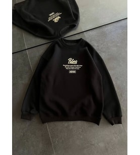 Kışlık Bisiklet Yaka Ön Ve Arka Baskılı SweatShirt - Siyah