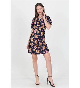 Neşeli butik kadın kruvaze yaka çiçek desenli örme krep mini elbise NB100221 (Lacivert)