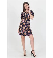 Neşeli butik kadın kruvaze yaka çiçek desenli örme krep mini elbise NB100221 (Lacivert)