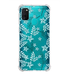 Samsung Galaxy M30s  Köşe Korumalı Antişok Kapak Floral Su Yeşili Tasarımlı Şeffaf  Kılıf