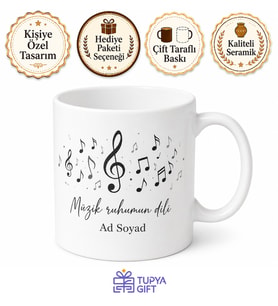 İsimli Müzik Notası Desenli Baskılı Kupa Bardak Müzisyen Hediye