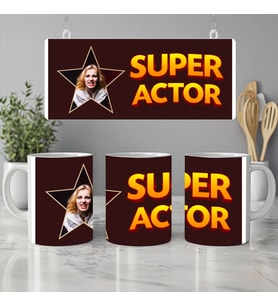 Kişiye Özel Yıldız Fotoğrafı Desenli Super Actor Yazılı Kupa Bardak - Oyuncu / Tiyatrocu Hediye, 330ml, Beyaz (Doğal Beyaz)