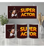 Kişiye Özel Yıldız Fotoğrafı Desenli Super Actor Yazılı Kupa Bardak - Oyuncu / Tiyatrocu Hediye, 330ml, Beyaz (Doğal Beyaz)