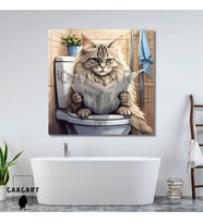 Tekli Kare Kanvas Banyo Tablosu Gazete Okuyan Gri Chinchilla Kedi