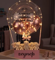 Kişiye Özel Işıklı Balon Kutusu – 10 Ayıcıklı & Krom Balonlu Bebek Tebrik ve Doğum Günü Hediyesi