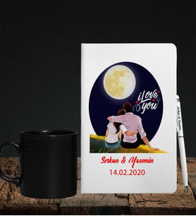 Sevgililer Gününe Özel Defter Kalem & Siyah Varil Kupa Hediye Seti 2