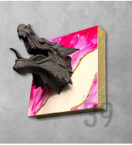 3D Dragon Altın Varaklı Epoksi Duvar Tablosu, El Yapımı Heykelsi Sanat Eseri, 25x25 cm, Modern & Statement Tasarım (Pembe-Beyaz)