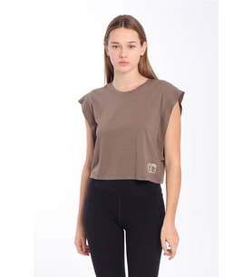 Maraton Regular Kadın Bisiklet Yaka  Kakao Crop Top