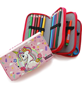 Bahar Çiçekli Unicorn Kalem Kutusu Kawai Organizer Kalemkutu Vegan Deri Üç Bölmeli Kalemlik- Pembe